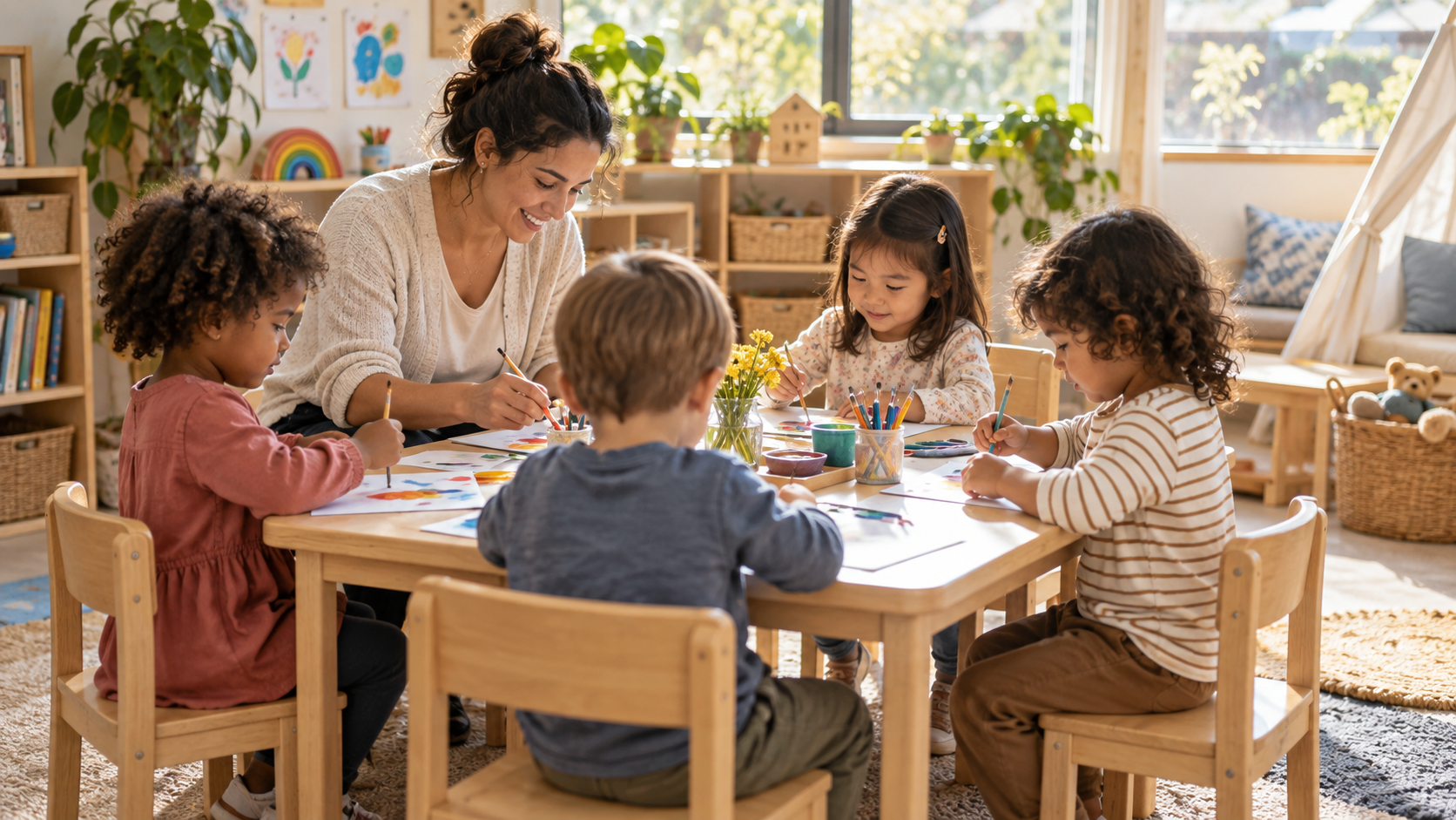 Educator and children enjoying a simple art activity