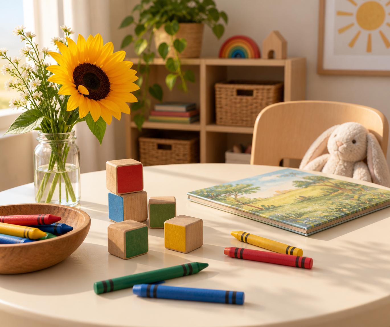 Child-friendly learning tools and a sunflower on a play table
